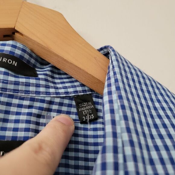 Kenneth Cole New York Blue Gingham Button Down Shirt Slim Fit Non Iron 17 1/2 34 - Picture 6 of 8